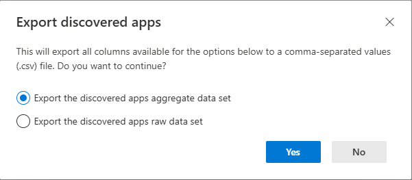 Export discovered apps dialog with aggregate selected